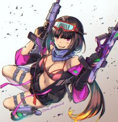 Rule 34 | 1girl, bikini, bikini top only, black gloves, breasts, brown hair, cleavage, dual wielding, fate/grand order, fate (series), gloves, goggles, goggles on head, grin, gun, holding, holster, jacket, large breasts, medium breasts, moriyama daisuke, navel, open clothes, open jacket, osakabehime (fate), osakabehime (swimsuit archer) (fate), osakabehime (swimsuit archer) (first ascension) (fate), purple eyes, short hair, smile, solo, swimsuit, thigh holster, trigger discipline, twitter username, weapon