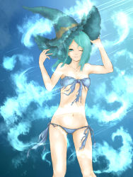 Rule 34 | 1girl, aqua eyes, aqua hair, bandeau, bikini, blue bikini, breasts, demon&#039;s souls, female focus, flat chest, from software, front-tie top, green eyes, green hair, hat, highres, ise (0425), ise (pixiv2136520), legs, long hair, lowleg, lowleg bikini, magic, matching hair/eyes, navel, one eye closed, side-tie bikini bottom, small breasts, solo, swimsuit, torn clothes, wind, wink, witch hat, yuria the witch