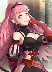 Rule 34 | 1girl, arm behind back, armpits, axe, bare shoulders, belt, black ribbon, black skirt, blunt bangs, blurry, blurry background, breasts, cleavage, cleavage cutout, clothing cutout, commentary request, corset, cowboy shot, detached sleeves, earrings, elbow gloves, female focus, finger to mouth, fire emblem, fire emblem: three houses, gloves, gonzarez, hair ribbon, hand up, highres, hilda valentine goneril, holding, holding axe, hoop earrings, jewelry, large breasts, long hair, looking at viewer, matching hair/eyes, nintendo, parted lips, pillar, pink belt, pink eyes, pink hair, puffy detached sleeves, puffy sleeves, red gloves, ribbon, shadow, sidelocks, skirt, smile, solo, standing, twintails