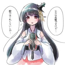 Rule 34 | 10s, 1girl, black hair, blush, breasts, collarbone, commentary request, detached sleeves, flying sweatdrops, frying pan, fusou (kancolle), hair ornament, headgear, highres, japanese clothes, kantai collection, long hair, long sleeves, nontraditional miko, red eyes, ribbon-trimmed sleeves, ribbon trim, seshiya, simple background, smile, solo, translated, trembling, white background, wide sleeves