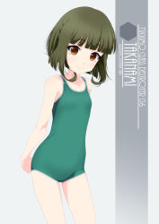 Rule 34 | 1girl, artist name, bob cut, braid, brown eyes, character name, collarbone, cowboy shot, flat chest, green hair, green one-piece swimsuit, grey background, highres, inaba shiki, kantai collection, looking at viewer, new school swimsuit, one-hour drawing challenge, one-piece swimsuit, school swimsuit, short hair, short hair with long locks, sidelocks, simple background, smile, solo, standing, swimsuit, takanami (kancolle)