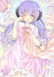 Rule 34 | 1girl, absurdres, artist name, blanket, blush, bow, breasts, collarbone, commentary request, frilled nightgown, frilled sleeves, frills, hair between eyes, hanyuu, highres, higurashi no naku koro ni, horns, long bangs, long hair, looking at viewer, lying, nightgown, on back, on bed, one eye closed, open mouth, painting (medium), pajamas, pillow, pink nightgown, pink ribbon, purple eyes, purple hair, raised eyebrows, ribbon, sleepwear, small breasts, solo, star (symbol), striped, sweet miuk tea, traditional media, twitter username, waking up, watercolor (medium)