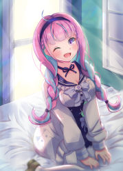 Rule 34 | 1girl, ahoge, bed, bed sheet, blue hair, blush, bound, bow, braid, breasts, choker, cleavage, colored inner hair, hair ribbon, highres, hololive, indoors, long hair, looking at viewer, mihaeru, minato aqua, minato aqua (sailor), morning, multicolored hair, one eye closed, open mouth, purple eyes, purple hair, ribbon, ribbon bondage, sitting, smile, solo, streaked hair, sunlight, twintails, two-tone hair, virtual youtuber, wariza, window