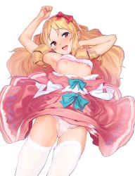 Rule 34 | 10s, 1girl, :d, absurdres, arm behind head, arm up, armpits, bad id, bad twitter id, blonde hair, blush, bow, bra, bra lift, breasts, brown eyes, clothes lift, clothes pull, commentary, dress, dress lift, dress pull, drill hair, eromanga sensei, hair bow, hairband, highres, kito (sakerukito), long hair, looking at viewer, nipples, open mouth, panties, pink bra, pink dress, pink panties, simple background, small breasts, smile, solo, thighhighs, underwear, white background, white thighhighs, yamada elf