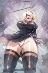 Rule 34 | 1girl, ball gag, bdsm, black dress, black thighhighs, blindfold, bondage, bound, bow (bhp), breasts, dress, gag, gagged, gluteal fold, hairband, highres, large breasts, leotard, mole, mole under mouth, nier (series), nier:automata, panties, pantyshot, short hair, skirt, solo, thighhighs, thighs, two-sided fabric, two-sided skirt, underwear, white hair, white leotard, white panties, 2b (nier:automata)