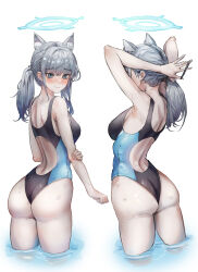 Rule 34 | 1girl, absurdres, animal ears, ass, bare arms, bare legs, bare shoulders, black one-piece swimsuit, blue archive, blue eyes, blush, breasts, closed mouth, competition swimsuit, extra ears, grey hair, highres, medium breasts, medium hair, multiple views, official alternate costume, one-piece swimsuit, shiroko (blue archive), shiroko (swimsuit) (blue archive), swimsuit, uth 95, wedgie, wolf ears