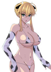 Rule 34 | 1girl, :o, absurdres, animal ears, animal print, artoria pendragon (fate), artoria pendragon (lancer) (fate), bare shoulders, blonde hair, braid, braided bun, breasts, cleavage, collarbone, cow ears, cow horns, cow print, elbow gloves, fate/grand order, fate (series), fingerless gloves, gloves, green eyes, hair bun, highres, horns, large breasts, looking at viewer, navel, open mouth, sideboob, sidelocks, simple background, solo, sungose, underboob, white background