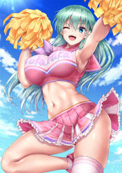 Rule 34 | 1girl, ;d, akizuki akina, aqua hair, armpits, asymmetrical legwear, blue eyes, blush, breasts, cheerleader, clothes writing, crop top, graphite (medium), hair ornament, hairclip, kantai collection, large breasts, leg up, long hair, looking at viewer, mechanical pencil, midriff, miniskirt, navel, one eye closed, open mouth, pencil, pink footwear, pink skirt, pink socks, pleated skirt, pom pom (cheerleading), sailor collar, shoes, single sock, single thighhigh, skindentation, skirt, smile, sneakers, socks, solo, stomach, suzuya (kancolle), thighhighs, thighs, toned, traditional media, uneven legwear