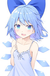 Rule 34 | 1girl, alternate costume, arm behind back, blue bow, blue eyes, blue hair, blush, bow, breasts, cirno, commentary request, e.o., fang, hair bow, highres, ice, ice wings, lingerie, looking at viewer, negligee, open mouth, short hair, simple background, skin fang, small breasts, solo, spaghetti strap, standing, touhou, underwear, upper body, white background, wings