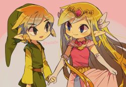 Rule 34 | 1boy, 1girl, belt, blonde hair, blue eyes, blush, closed mouth, commentary request, eye contact, eyelashes, floating hair, gloves, green headwear, grey gloves, hair ornament, hat, holding, holding clothes, holding hands, holding skirt, link, long hair, long sleeves, looking at another, nintendo, pink skirt, pointy ears, princess zelda, skirt, smile, the legend of zelda, the legend of zelda: the wind waker, tiara, tokuura, toon zelda, twitter username