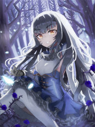 Rule 34 | 1girl, ascot, blonde hair, blue dress, blue flower, breasts, commentary request, dress, melusine (fate), melusine (second ascension) (fate), fate/grand order, fate (series), feet out of frame, flower, forest, forked eyebrows, gloves, grey ascot, grey dress, grey gloves, grey hair, highres, light particles, long hair, looking at viewer, m0 chi, nature, parted lips, petticoat, sitting, small breasts, smile, solo, teeth, thighhighs, tree, white hair, white thighhighs