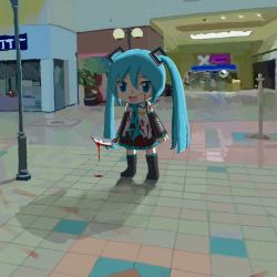 Rule 34 | 1girl, aiu404l, among us, black footwear, black skirt, black sleeves, blood, blood on clothes, blood on face, blood on ground, bloody knife, blue eyes, blue hair, blue necktie, boots, crewmate (among us), detached sleeves, hatsune miku, holding, holding knife, holding weapon, knee boots, knife, lamppost, mall, mikudayoo, necktie, open mouth, shadow, shirt, skirt, sleeveless, sleeveless shirt, smile, solo, tile floor, tiles, twintails, vocaloid, weapon, white shirt