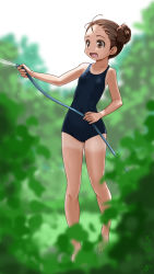 Rule 34 | 1girl, :d, bare arms, bare legs, bare shoulders, barefoot, blue one-piece swimsuit, blue school swimsuit, blurry, blurry background, blurry foreground, blush, breasts, brown eyes, brown hair, collarbone, commentary request, covered navel, day, depth of field, full body, hair bun, holding, holding hose, hose, looking at viewer, one-piece swimsuit, open mouth, original, outdoors, rohitsuka, school swimsuit, side bun, signature, single hair bun, single side bun, small breasts, smile, solo, standing, standing on one leg, sunlight, swimsuit, tan, tanline, toes