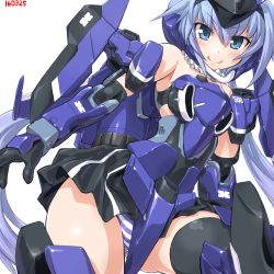 Rule 34 | &gt;:), 10s, 1girl, bad id, bad pixiv id, black gloves, black thighhighs, blue eyes, blue hair, blush, dd (ijigendd), doll joints, eyebrows, frame arms girl, gloves, hair between eyes, joints, long hair, looking at viewer, matching hair/eyes, mecha musume, numbered, panties, simple background, smile, solo, striped clothes, striped panties, stylet, thighhighs, twintails, underwear, v-shaped eyebrows, very long hair, white background