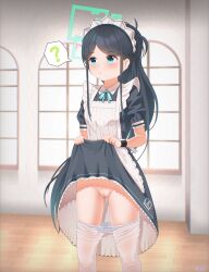 Rule 34 | 1girl, ?, absurdres, apron, aris (blue archive), artist name, black hair, blue archive, blue eyes, blush, cleft of venus, clothes lift, clothes pull, dress, dress lift, female focus, halo, highres, indoors, long hair, maid, maid apron, maid headdress, mensiah, panties, panty pull, pantyhose, pantyhose pull, presenting pussy, pussy, standing, striped clothes, striped panties, uncensored, underwear, white pantyhose, window