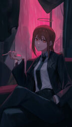 Rule 34 | 1girl, absurdres, black necktie, black pants, braid, braided ponytail, breasts, brown hair, business suit, chainsaw man, cigarette, collared shirt, commentary, crossed legs, feet out of frame, formal, hair between eyes, halo, hand in pocket, hand up, highres, holding, holding cigarette, iinagi (kashiwa keira), indoors, jacket, long hair, long sleeves, looking at viewer, makima (chainsaw man), necktie, orange eyes, pants, parted lips, rain, ringed eyes, shirt, sidelocks, sitting, small breasts, solo, suit, white shirt