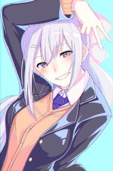Rule 34 | 1girl, :d, black jacket, blue background, blush, bow, breasts, brown vest, chromatic aberration, collared jacket, collared shirt, grin, hair bow, hand up, head tilt, highres, higuchi kaede, jacket, kisaragi chiyuki, large breasts, light purple hair, long hair, long sleeves, looking at viewer, mole, mole under eye, necktie, nijisanji, open mouth, ponytail, purple eyes, purple necktie, shirt, simple background, smile, solo, upper body, v, very long hair, vest, virtual youtuber, wing collar