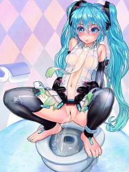 Rule 34 | 1girl, anklet, aqua eyes, aqua hair, bad id, bad pixiv id, barefoot, bathroom, blush, bottomless, breasts, censored, center opening, chikokuma, covered erect nipples, elbow gloves, feet, gloves, hatsune miku, hatsune miku (append), jewelry, long hair, looking at viewer, nail polish, navel, necktie, pee, peeing, pussy, solo, spread legs, squatting, thighhighs, toenail polish, toenails, toes, toilet, toilet paper, toilet use, twintails, very long hair, vocaloid, vocaloid append