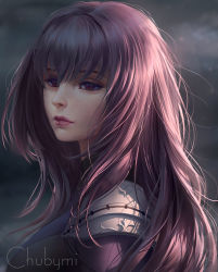 Rule 34 | 1girl, armor, artist name, chuby mi, closed mouth, commentary, day, expressionless, eyelashes, face, fate/grand order, fate (series), half-closed eyes, highres, lips, long hair, looking away, looking to the side, nose, pauldrons, purple hair, realistic, red eyes, scathach (fate), shoulder armor, shoulder pads, solo, sunlight