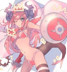 Rule 34 | 10s, 1girl, ;&lt;, armor, bad id, bad pixiv id, bikini armor, black thighhighs, blue eyes, breasts, cape, dragon tail, earrings, elizabeth bathory (brave) (fate), elizabeth bathory (fate), fate/extra, fate/extra ccc, fate/grand order, fate (series), highres, holding, holding shield, holding sword, holding weapon, horns, jewelry, long hair, looking at viewer, medium breasts, navel, one eye closed, pink hair, ponytail, red armor, shield, shoulder armor, single thighhigh, solo, sword, tail, thighhighs, weapon, wonakira