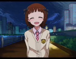 Rule 34 | 1girl, :d, ^ ^, amami haruka, blazer, blush, brown hair, cityscape, closed eyes, closed eyes, facing viewer, idolmaster, idolmaster (classic), jacket, kidachi, letterboxed, night, open mouth, short hair, smile, solo