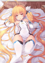 Rule 34 | 1girl, ahoge, azur lane, bare shoulders, bed sheet, blonde hair, breasts, chestnut mouth, covered navel, cowboy shot, detached sleeves, eldridge (azur lane), expressionless, facial mark, gluteal fold, highres, huge ahoge, indoors, jitome, knees up, long hair, looking at viewer, lying, medium breasts, on back, orange eyes, panties, puffy detached sleeves, puffy sleeves, pussy, shiro usagi, solo, thighhighs, twintails, two side up, underwear, very long hair, white panties, white thighhighs