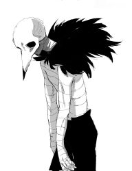 Rule 34 | 1boy, arms at sides, bird, bird boy, black pants, choujin x, facing to the side, highres, kurohara tokio (choujin x), looking at viewer, male focus, monochrome, oa lien, pants, skull on head, slouching, solo, solo focus, topless male, vulture, white background, wrapped