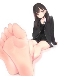 Rule 34 | 1girl, ama mitsuki, arm support, bare legs, barefoot, black eyes, black hair, black skirt, blazer, blush, cardigan, closed mouth, collared shirt, feet, foot focus, foreshortening, jacket, legs, long hair, long sleeves, looking at viewer, mask, mask pull, necktie, no shoes, open clothes, open jacket, original, pleated skirt, pulling own clothes, school uniform, shirt, sitting, skirt, sleeves past wrists, smile, soles, solo, sweat, toes, white shirt