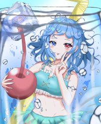 Rule 34 | 1girl, bikini, blue bikini, blue eyes, blue hair, blue nails, breasts, bubble, cherry, cleavage, cross-laced clothes, cup, drinking glass, drinking straw, food, fruit, groin, heterochromia, highres, ice, ice cube, lemon, lemon slice, lobstrater64, looking at viewer, nail polish, navel, red eyes, short hair, solo, swimsuit, tatara kogasa, tongue, tongue out, touhou, underwater, v
