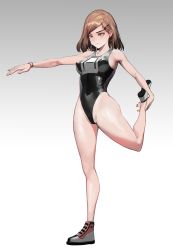 Rule 34 | 1girl, bare shoulders, black one-piece swimsuit, blush, breasts, brown eyes, brown hair, earrings, full body, hair ornament, hairclip, high tops, highleg, highleg swimsuit, highres, ihobus, jewelry, large breasts, name tag, one-piece swimsuit, original, school swimsuit, shoes, sketching, sneakers, solo, standing, swimsuit, yellow eyes