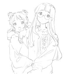 2girls :d aikatsu! aikatsu!_(series) arisugawa_otome bad_id bad_twitter_id blunt_bangs double_bun glasses greyscale hair_bun highres inactive_account long_hair long_sleeves looking_at_viewer monochrome multiple_girls open_mouth round_eyewear short_hair simple_background smile suiso_(owp) sweater todo_yurika upper_body white_background