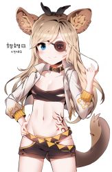 Rule 34 | 10s, 1girl, animal ear fluff, animal ears, bad id, bad pixiv id, belt, blade &amp; soul, blue eyes, bow, brown hair, collar, cropped jacket, eyepatch, flat chest, groin, hand on own hip, highres, jacket, jrjstawh, korean text, long hair, lyn (blade &amp; soul), navel, panties, ribbon, short shorts, shorts, simple background, smile, solo, stomach, tail, tattoo, text focus, tiger ears, underwear, white background