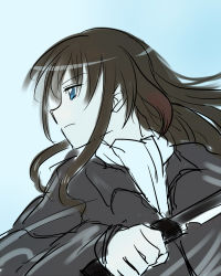 Rule 34 | 1girl, blue eyes, brown hair, character request, gradient background, holding, holding weapon, jacket, long hair, long sleeves, looking to the side, mukiki, profile, scarf, solo, strike witches: suomus misfits squadron, weapon, world witches series
