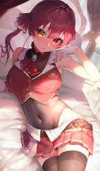 1girl, absurdres, bed, black legwear, breasts, covered navel, eyebrows visible through hair, gloves, hair ribbon, heterochromia, highres, hololive, houshou marine, huge filesize, kinoruru toiro, large breasts, looking at viewer, on bed, pleated skirt, red eyes, red hair, red ribbon, red skirt, ribbon, skirt, solo, thighhighs, twintails, virtual youtuber, white gloves, yellow eyes