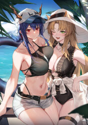 Rule 34 | 2girls, ;d, absurdres, animal ears, arknights, armpits, asymmetrical docking, bare arms, bare shoulders, baseball cap, bead necklace, beads, bikini, black bikini, black choker, black one-piece swimsuit, blonde hair, blue hair, blush, breast press, breasts, brown hair, ch&#039;en (arknights), ch'en (arknights), choker, cleavage, closed mouth, clothes around waist, collarbone, commentary, dragon girl, dragon horns, dragon tail, ears through headwear, fang, female tourist c (arknights), green eyes, grey shorts, hat, highres, horns, horns through headwear, jacket, jacket around waist, jewelry, korean commentary, large breasts, large hat, long hair, looking at viewer, midriff, molyb, multiple girls, navel, necklace, official alternate costume, one-piece swimsuit, one eye closed, open fly, open mouth, outdoors, parted bangs, red eyes, revision, short shorts, shorts, sidelocks, skin fang, skindentation, slit pupils, smile, stomach, sun hat, swimsuit, swire (arknights), tail, thigh strap, thighs, white headwear, white shorts