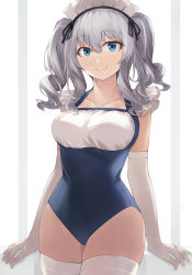 Rule 34 | 1girl, absurdres, alternate costume, arms at sides, beisaku bei, blue eyes, blue one-piece swimsuit, breasts, closed mouth, cowboy shot, elbow gloves, enmaided, gloves, grey hair, hair between eyes, highres, kantai collection, kashima (kancolle), large breasts, long hair, maid, maid headdress, maid one-piece swimsuit, one-piece swimsuit, school swimsuit, sidelocks, simple background, smile, solo, standing, swimsuit, thighhighs, thighs, twintails, unconventional maid, wavy hair, white background, white gloves, white thighhighs