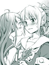 Rule 34 | 10s, 2girls, blush, bow, commentary request, eye contact, face-to-face, gloves, greyscale, hair bow, hand on another&#039;s chest, kantai collection, looking at another, monochrome, multiple girls, open mouth, samidare (kancolle), tsuta no ha, yuri, yuubari (kancolle)