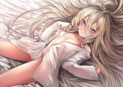 Rule 34 | 1girl, bare legs, bed, bed sheet, blue eyes, blush, bottomless, breasts, closed mouth, cowboy shot, dutch angle, hair between eyes, highres, kokkoro (princess connect!), kokkoro (real) (princess connect!), long hair, long sleeves, looking at viewer, lying, naked shirt, navel, no bra, on back, open clothes, oversized clothes, princess connect!, shirt, sleeves past wrists, small breasts, smile, solo, tahnya, white hair, white shirt