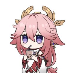 Rule 34 | 1girl, animal ears, blush stickers, bubble tea, chibi, closed mouth, cup, disposable cup, drinking, fox ears, genshin impact, headpiece, japanese clothes, kimono, long hair, long sleeves, low-tied long hair, lowres, marimo jh, pink hair, purple eyes, simple background, solo, very long hair, white background, white kimono, wide sleeves, yae miko