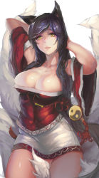 Rule 34 | 1girl, ahri (league of legends), animal ears, breasts, cleavage, cowboy shot, female focus, fox ears, fox tail, gloves, highres, korean clothes, large breasts, league of legends, light smile, looking at viewer, multiple tails, revision, simple background, sky of morika, smile, solo, tail, yellow eyes