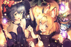 Rule 34 | 10s, 2girls, :d, absurdres, animal ears (norankkori), bat wings, bell, black hair, blonde hair, bow, bowl, broom, candle, cape, claw pose, commentary, fire, fire, food, green eyes, halloween, halloween costume, hat, hat bow, head wings, highres, huge filesize, jack-o&#039;-lantern, japari bun, jingle bell, kaban (kemono friends), kemono friends, lens flare, looking at viewer, lucky beast (kemono friends), multiple girls, open mouth, robe, serval (kemono friends), short hair, smile, wings, witch hat, yellow eyes
