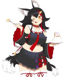 Rule 34 | 1girl, ;), ;p, animal ears, black hair, black ribbon, black skirt, breasts, cake, choker, collarbone, cowboy shot, detached sleeves, fingernails, food, food on face, fork, hair between eyes, hair ornament, highres, holding, holding fork, hololive, large breasts, long hair, long sleeves, looking at viewer, miniskirt, multicolored hair, navel, okunin, one eye closed, ookami mio, ookami mio (1st costume), orange eyes, pleated skirt, plump, red choker, red hair, red ribbon, ribbon, rope, sailor collar, school uniform, serafuku, shimenawa, simple background, skirt, smile, solo, tail, thighhighs, thighs, tongue, tongue out, two-tone hair, virtual youtuber, white background, white sailor collar, white thighhighs, wide sleeves, wolf ears, wolf girl, wolf tail