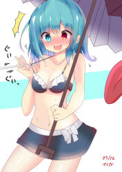 Rule 34 | 1girl, ^^^, absurdres, artist name, bare arms, bikini, bikini skirt, blue hair, blush, breasts, cleavage, cowboy shot, dated, halterneck, heterochromia, highres, holding, medium breasts, multicolored background, navel, nose blush, open mouth, solo, sweat, swimsuit, tatara kogasa, te toga, tears, tongue, touhou, two-tone background