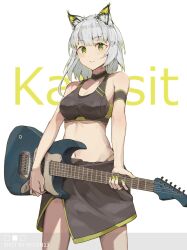 Rule 34 | 1girl, absurdres, animal ears, arknights, armband, artist name, black armband, black skirt, black sports bra, blush, cat ears, character name, chinese commentary, commentary, electric guitar, fender stratocaster, green eyes, green hair, green nails, grey hair, guitar, highres, instrument, kal&#039;tsit (arknights), looking at viewer, medium hair, miniskirt, multicolored hair, navel, raised eyebrows, reisen13, simple background, skirt, solo, sports bra, two-tone hair, white background