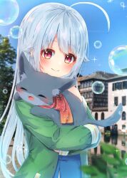 Rule 34 | 1girl, ahoge, animal, blurry, blurry foreground, blush, bubble, cat, coat, dated, day, green coat, grey hair, highres, holding, holding animal, holding cat, long hair, long sleeves, michiru donut, original, outdoors, red eyes, smile, solo