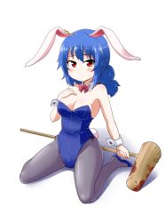 Rule 34 | 1girl, ambiguous red liquid, animal ears, blue hair, bow, bowtie, rabbit ears, rabbit tail, detached collar, full body, kine, kousei (public planet), long hair, mallet, pantyhose, playboy bunny, red eyes, seiran (touhou), solo, tail, touhou, wrist cuffs