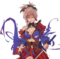 Rule 34 | 1girl, after battle, asymmetrical hair, bad id, bad pixiv id, bare shoulders, battle, blood, blood in hair, blood on clothes, blood on face, blood on hands, blood stain, blue eyes, blue kimono, breasts, cleavage, clothing cutout, detached sleeves, di yi xing zian, dual wielding, earrings, fate/grand order, fate (series), hair in own mouth, hair ornament, highres, holding, holding sheath, holding sword, holding weapon, japanese clothes, jewelry, katana, kimono, large breasts, looking at viewer, miyamoto musashi (fate), miyamoto musashi (third ascension) (fate), navel cutout, obi, pink hair, ponytail, sash, sheath, short kimono, sleeveless, sleeveless kimono, solo, sword, torn clothes, unsheathed, weapon, wide sleeves