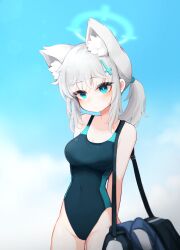 Rule 34 | 1girl, animal ear fluff, animal ears, arms behind back, bag, black one-piece swimsuit, blue archive, blue eyes, blue sky, breasts, cloud, competition swimsuit, covered navel, cowboy shot, cross hair ornament, extra ears, grey hair, hair ornament, halo, highres, hwaryeok, looking at viewer, low ponytail, medium breasts, medium hair, mismatched pupils, multicolored clothes, multicolored swimsuit, official alternate costume, one-piece swimsuit, shiroko (blue archive), shiroko (swimsuit) (blue archive), sky, solo, standing, swimsuit, wolf ears