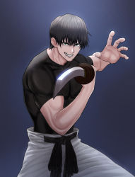 Rule 34 | 1boy, abs, black shirt, fighting stance, fushiguro touji, green eyes, hand on own hip, highres, jujutsu kaisen, katana, looking at viewer, male focus, muscular, muscular arms, muscular male, pants, pectorals, shirt, smile, solo, sword, tight clothes, tight shirt, weapon, white pants