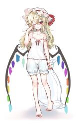 1girl absurdres alternate_hair_length alternate_hairstyle aorin_oekaki bare_arms bare_legs bare_shoulders barefoot blonde_hair bloomers closed_mouth collarbone fang fang_out flandre_scarlet flat_chest full_body hair_between_eyes hat highres long_hair loose_hair_strand mob_cap multicolored_wings one_eye_closed red_eyes red_nails red_ribbon ribbon ribbon-trimmed_headwear ribbon-trimmed_underwear ribbon_trim simple_background skin_fang sleepy solo standing touhou underwear white_background white_bloomers white_hat white_undershirt wings